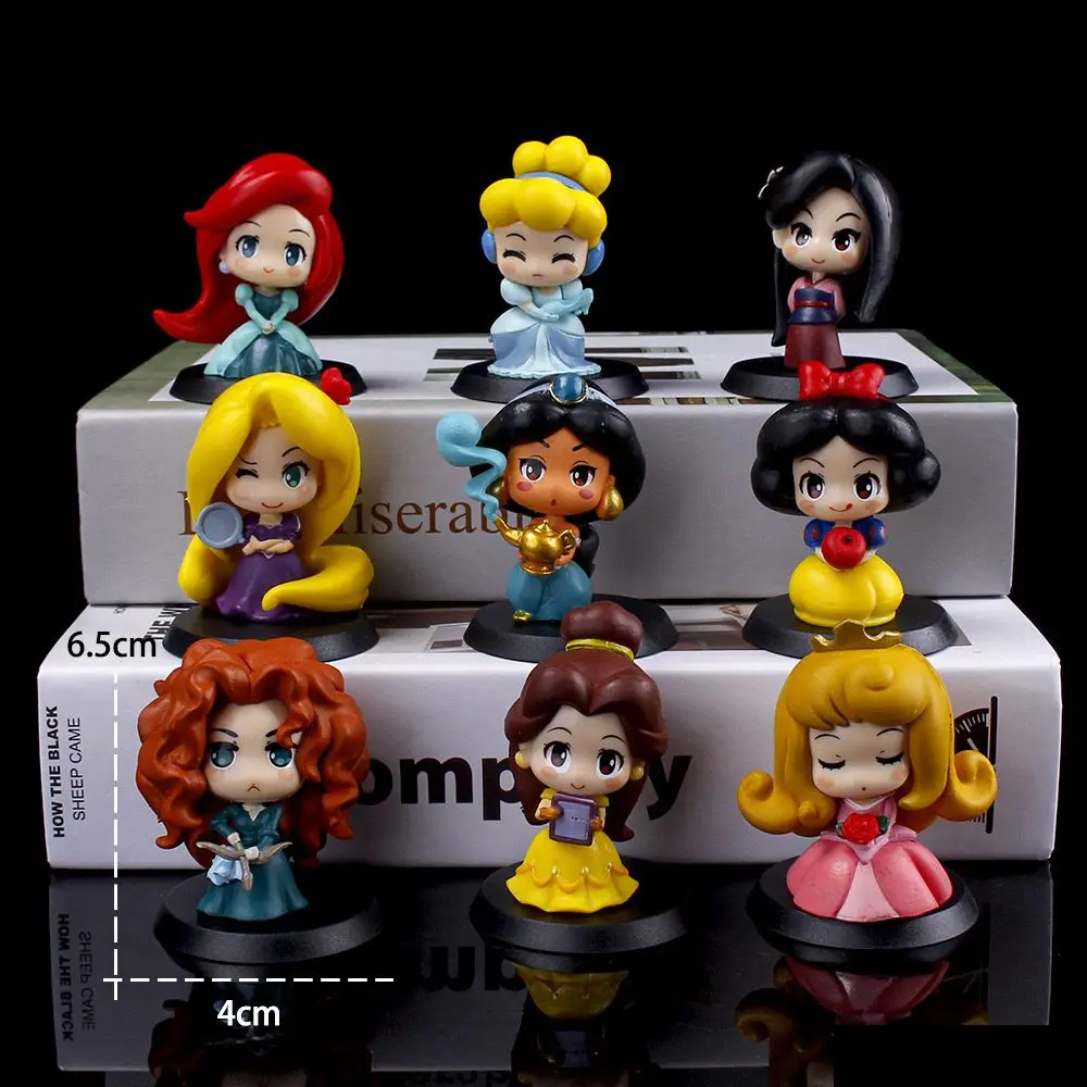 8/9Pcs Disney Kawaii Q Snow White Princess Action Figure Ariel Belle Rapunzel Mermaid Toys Models Girls gift