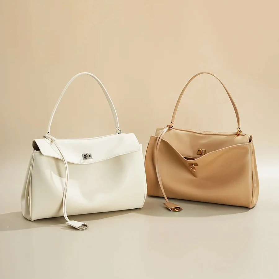 

Genuine Leather Tote Bag with Buckle Closure, Large Capacity Underarm Shoulder Bag Designer Handbag Crossbody Purse for Women