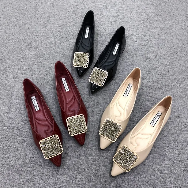 luxury pointed flat single shoes shallow soft sole ballet shoes rhinestone square button Loafers large size women\'s shoes 33-46