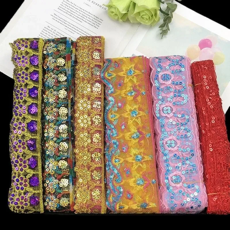 1Yards Lace Fabric Sequins Embroidered Ribbon Collar Trim Applique for Diy Wedding Sewing Dentelle