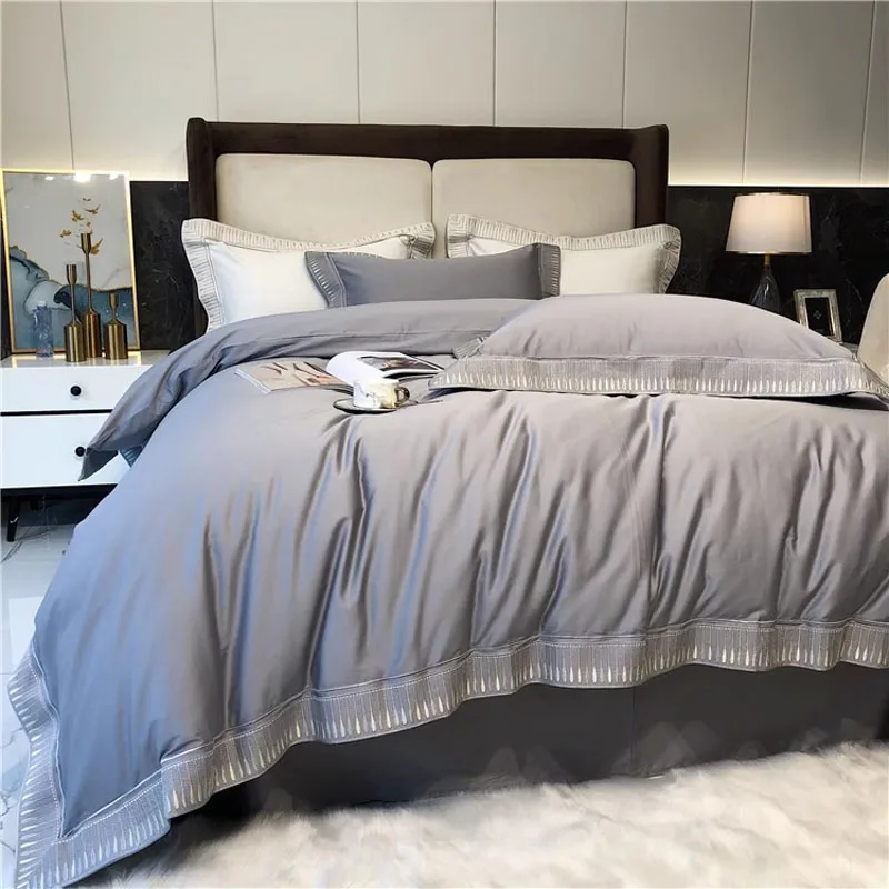 2024 High-end Light Luxury Style Long-staple Cotton Four-piece Set Pure Cotton New Sate Embroidery Quilt Set Bedding Gray Color