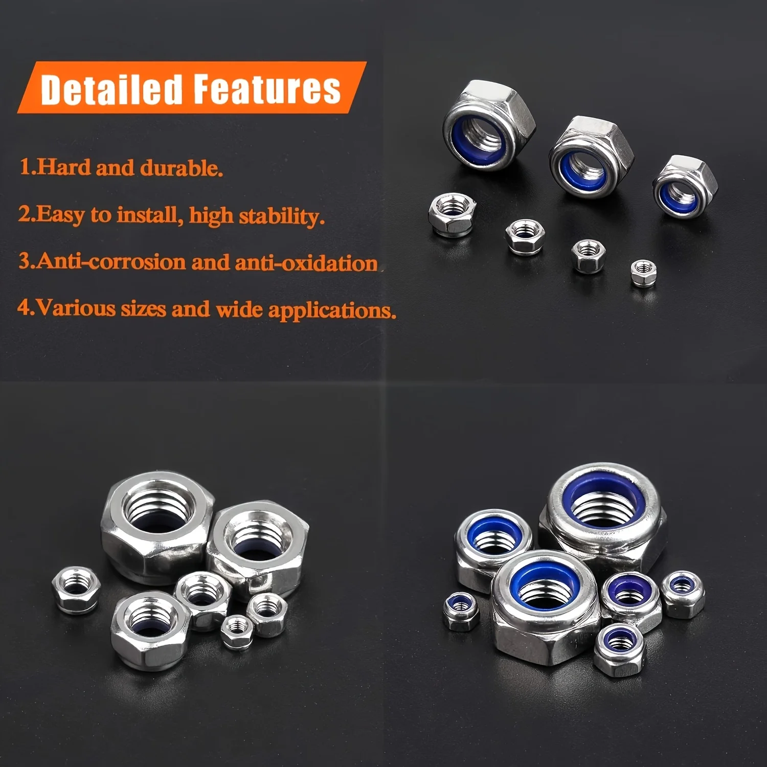 230pcs Grade A Stainless Steel Lock Nut Set with Nylon Inserts, Fully Threaded, Right Hand Thread, Anti-Loosening Design
