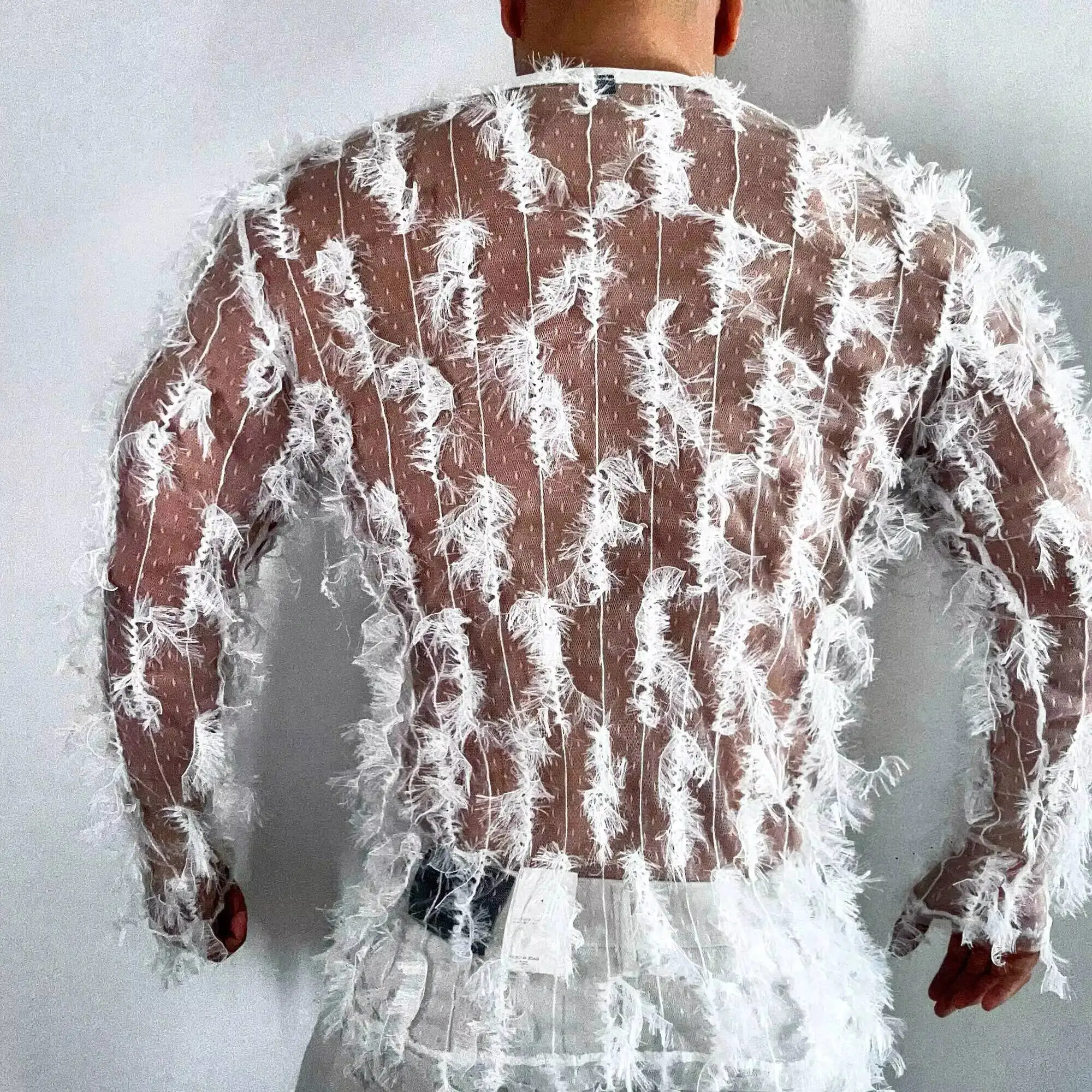 Feather long sleeve white men party club t shirt Plus size see through sexy top streetwear