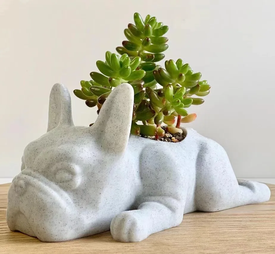 French Bulldog Succulent Planter Flowerpot Puppy Dog Statue Flower Pot Resin Ornament for Home Office Garden Desktop Shelf Decor