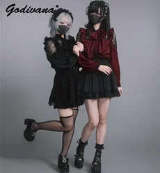 2024 Autumn Lace-Up Bow Collar Lace Splicing Long Sleeve Lolita Shirt Women Sweet Burgundy Shirt Japanese Black Blouses Girls