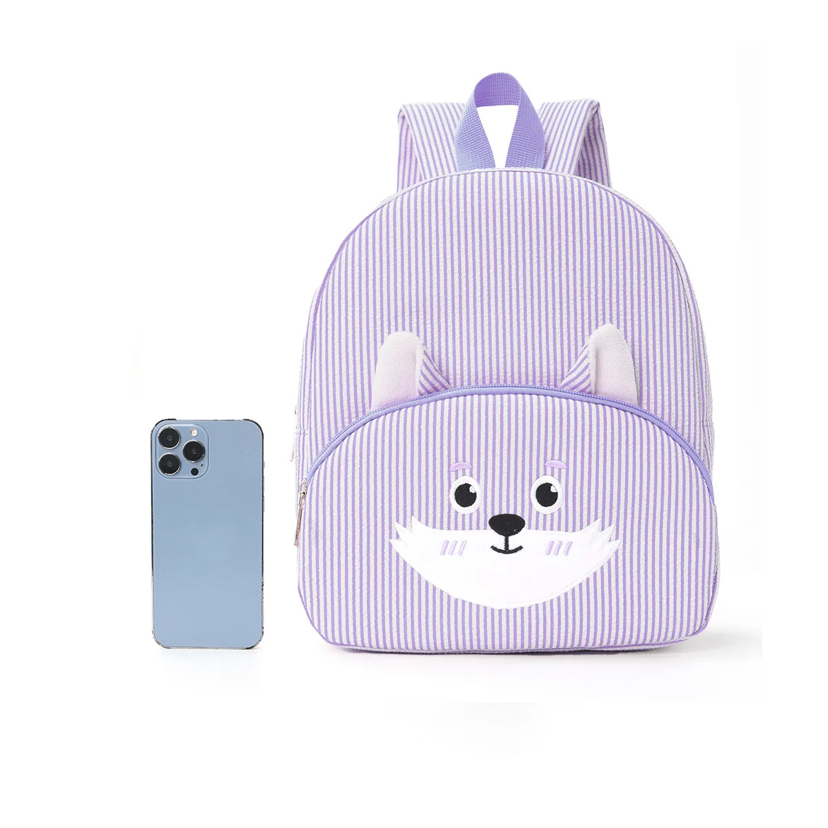 حقيبة ظهر مخططة من الشاش الفقاعي، تطريز شخصي، حقيبة ظهر كرتونية كاجوال للطلاب، حقيبة ظهر ثعلب لطيفة ذات سعة كبيرة