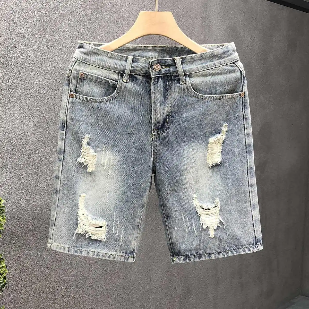 Summer New 2025 Light-colored Polished White Cat Beard Ripped Denim Shorts Men's Slim-fit Small Feet Versatile Cargo Half Pants