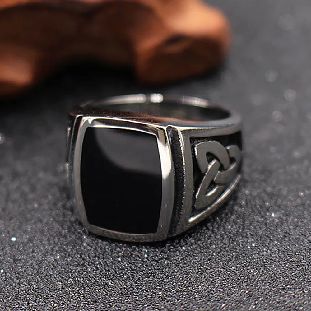 Fashion Vintage Black Stone Square Ring For Men Stainless Steel Nordic Viking Celtics Knot Rings Amulet Jewelry Gifts Wholesale