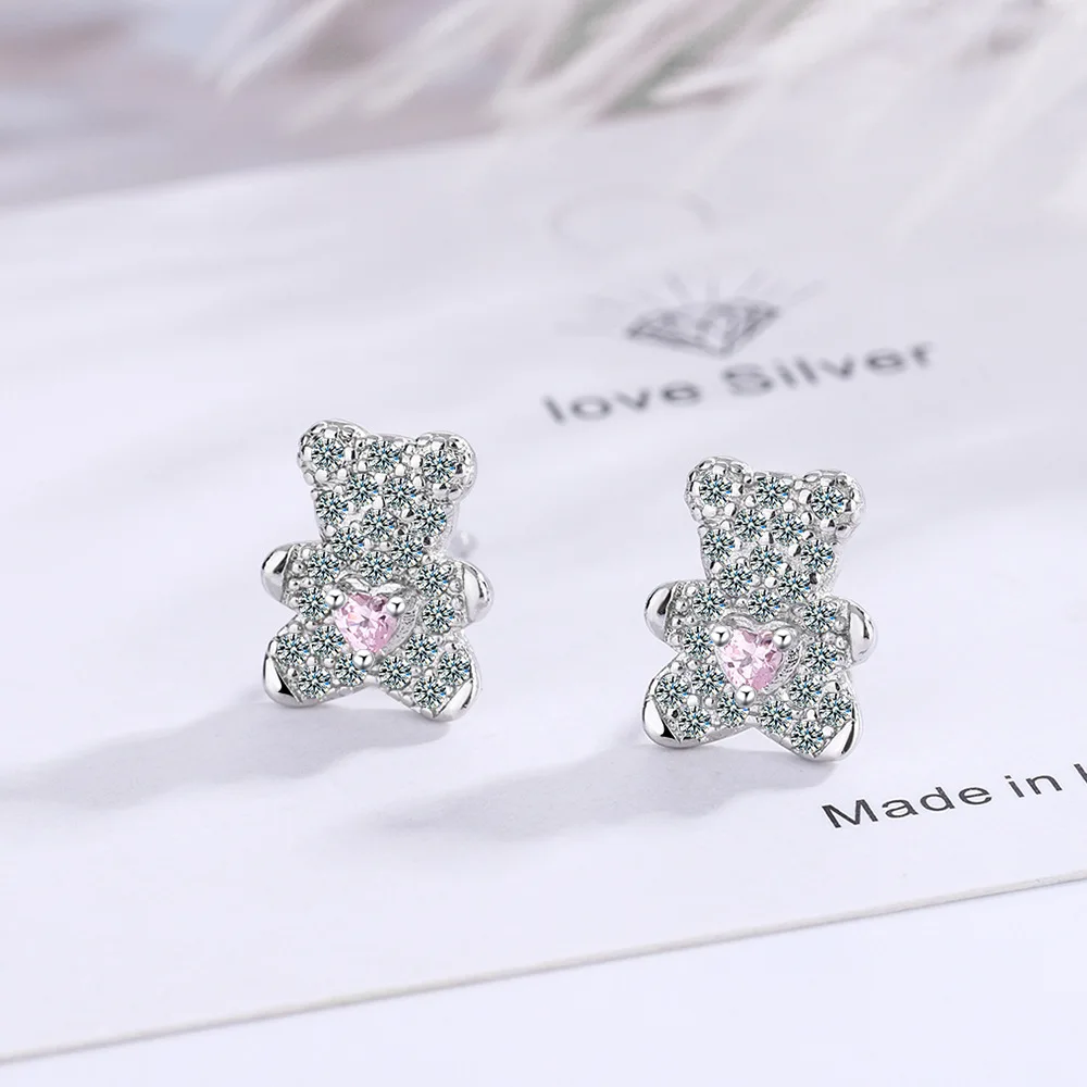 New Arrival 100% 925 Sterling Silver Sweet Cartoon Bear Animal Shiny Crystal Ladies Stud Earrings For Little Girls Gifts Cheap