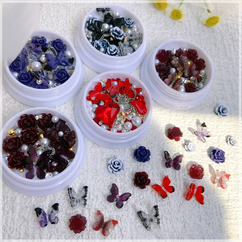 Plum Jam Camellia Flower Butterfly Nail Art Decorations Mix Metal Chain Pearls Jewelry Set  DIY Nails Rhinestones Accessories