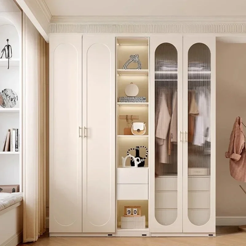 

Modern Wardrobe With Lamp French Cream Style Wardrobe Bedroom Multifunctional Storage Storage Wardrobe Flat Sliding Door White
