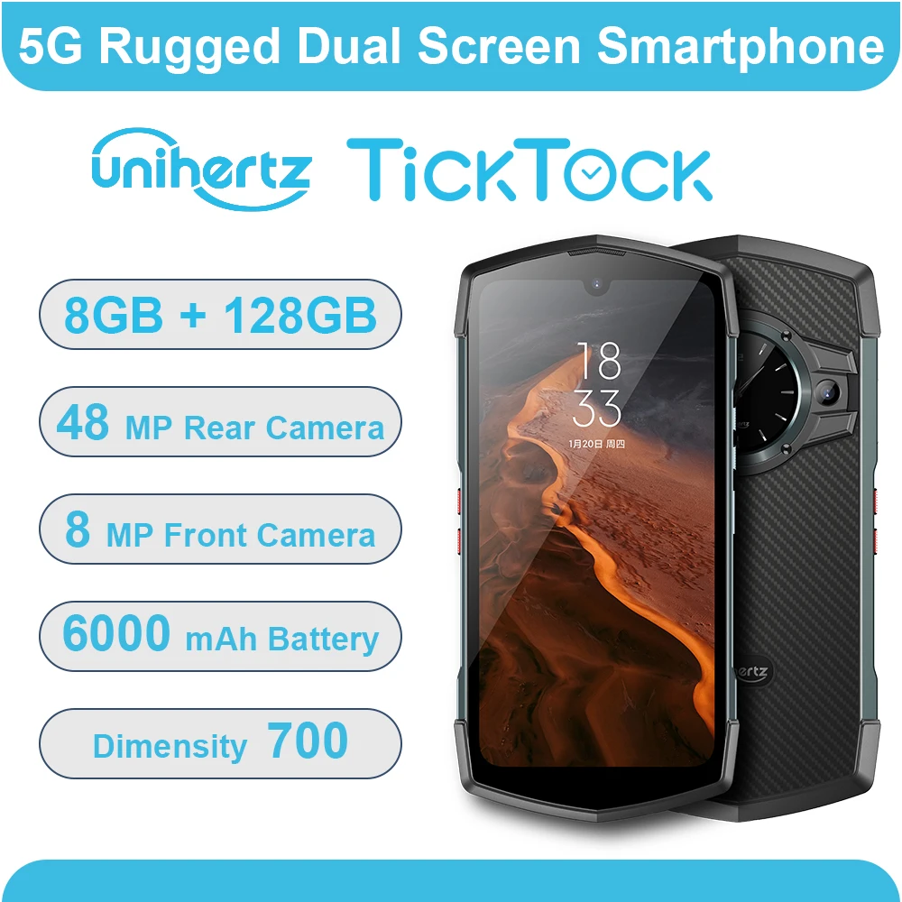 Unihertz Tick Tock Rugged Smartphone 5G 128/256GB Cellphone 6000mAh Android 6.5 inch Phone with Dual-Screen 48MP Camera IP68