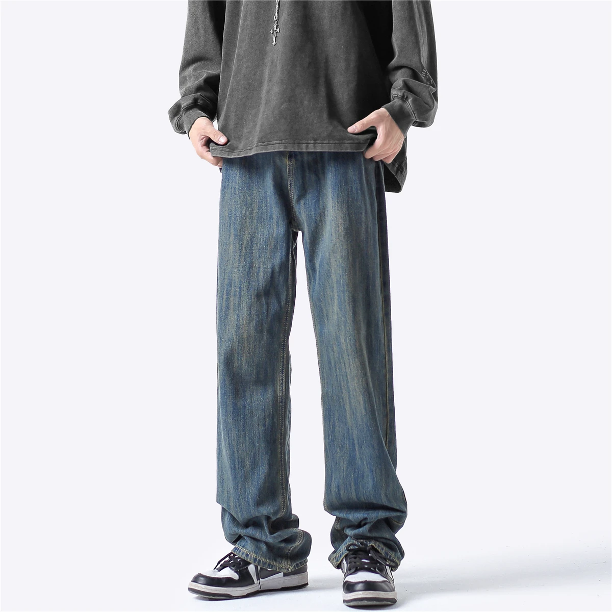 

Мужские джинсы в стиле ретро, свободного прямого кроя, молодежные, модные, длинные брюки, весенне-осенние, широкие джинсы из денима в уличном стиле