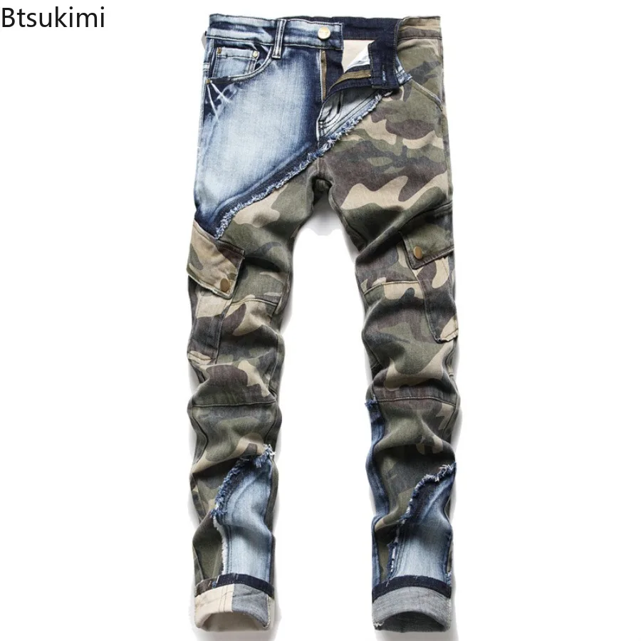 2026 Men's Camouflage Jeans Fashion Splice Color Blocking Design Elastic Slim Denim Trouser Men Street Multi-Pocket Casual Pants