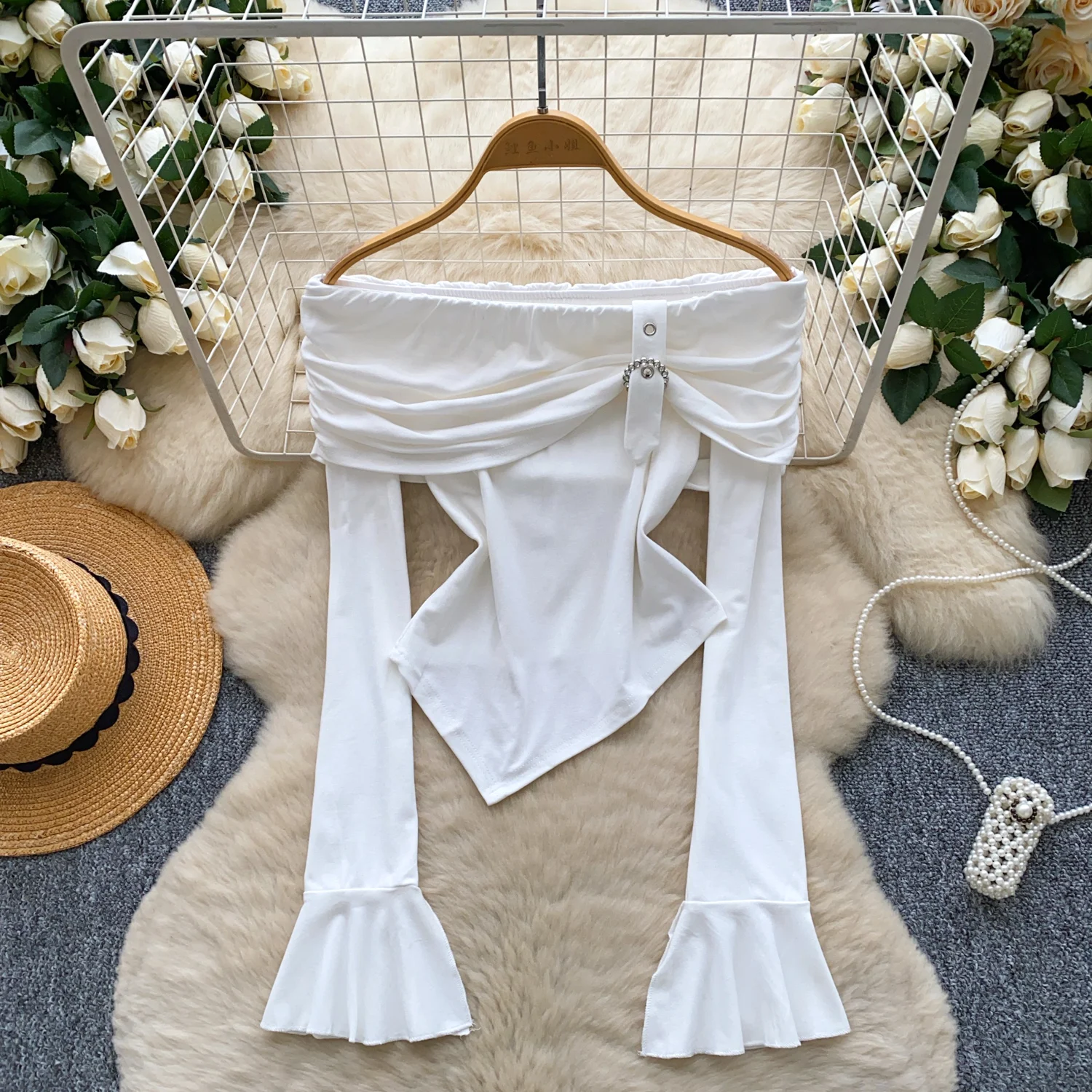 

Women Winter Slash Neck Top Shirts Tees Lady Design Korean Fashion Style Blouse Female Trendy Date Banquet Festival Birthday Top