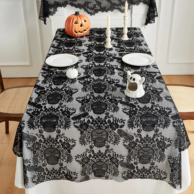 1pc Halloween Black Lace Table Cover - Elegant Machine-Made Lace Tablecloth with Spooky Skull Design for Halloween Decorations