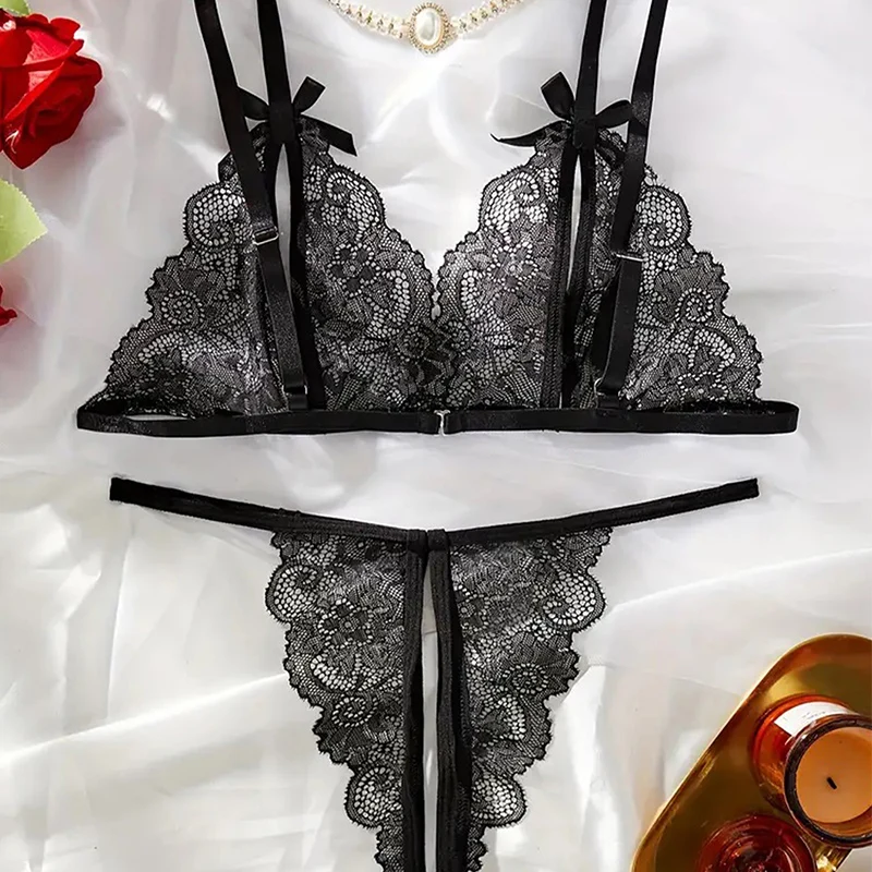 Hot Erotic Crotchless Transparent Hollow Out Bra And Panty Set Sexy Lingerie For Women Open Bras Underwear Lace Suit Clothing