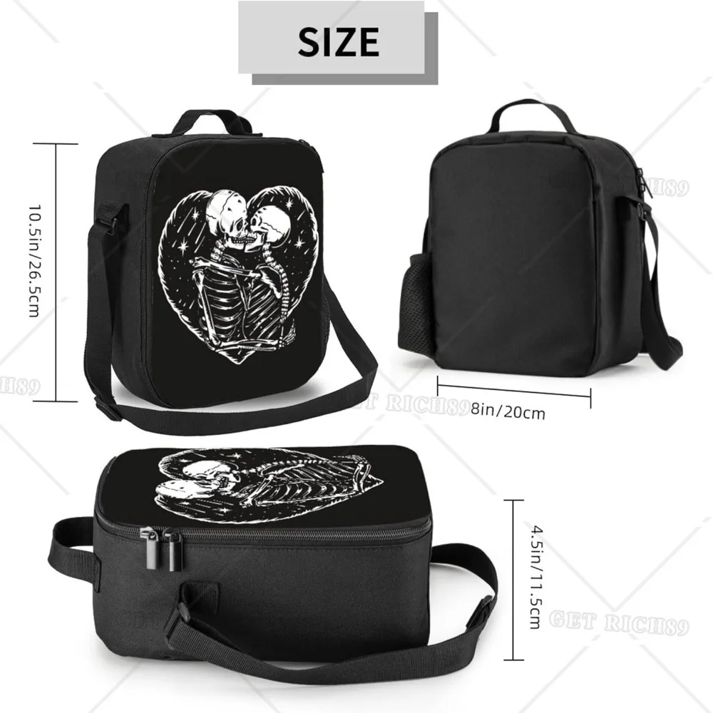 Skull Skeleton Love Kissing Black Lunch Bags for Women Men Insulated Reusable Lunch Box Cooler Bag for Work Picnic Beach Fishing