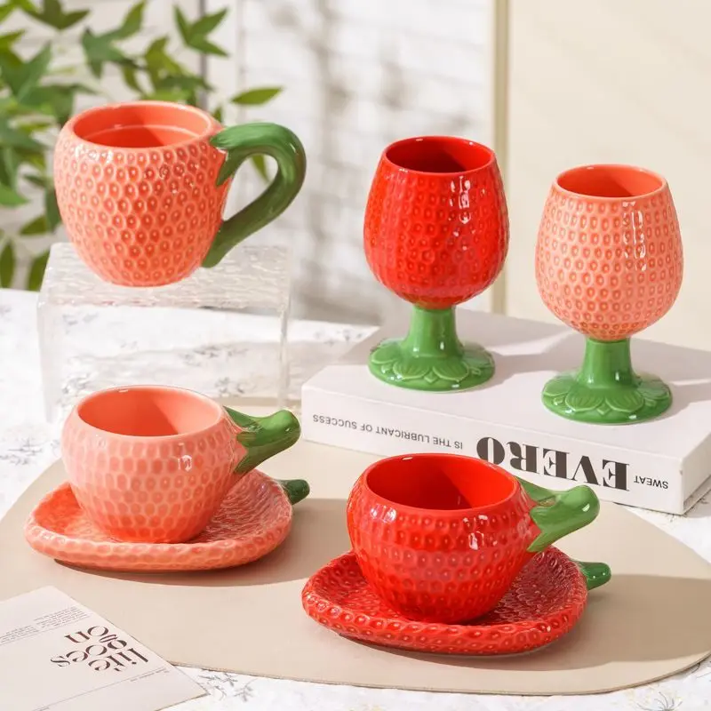 

Red Pink Strawberry Ceramic Red Wine Cup,Tall Drink Mug,Couple Coffee Cup,Breakfast Milk Cups,Afternoon Tea,Juice Drinkware