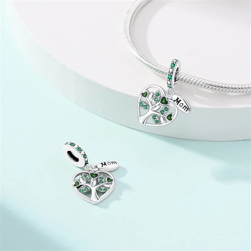 

925 Sterling Silver Green Life Tree Charms Pendant Zircon Dangle Fit 3mm Original Bracelet DIY Women Party Jewelry Gift