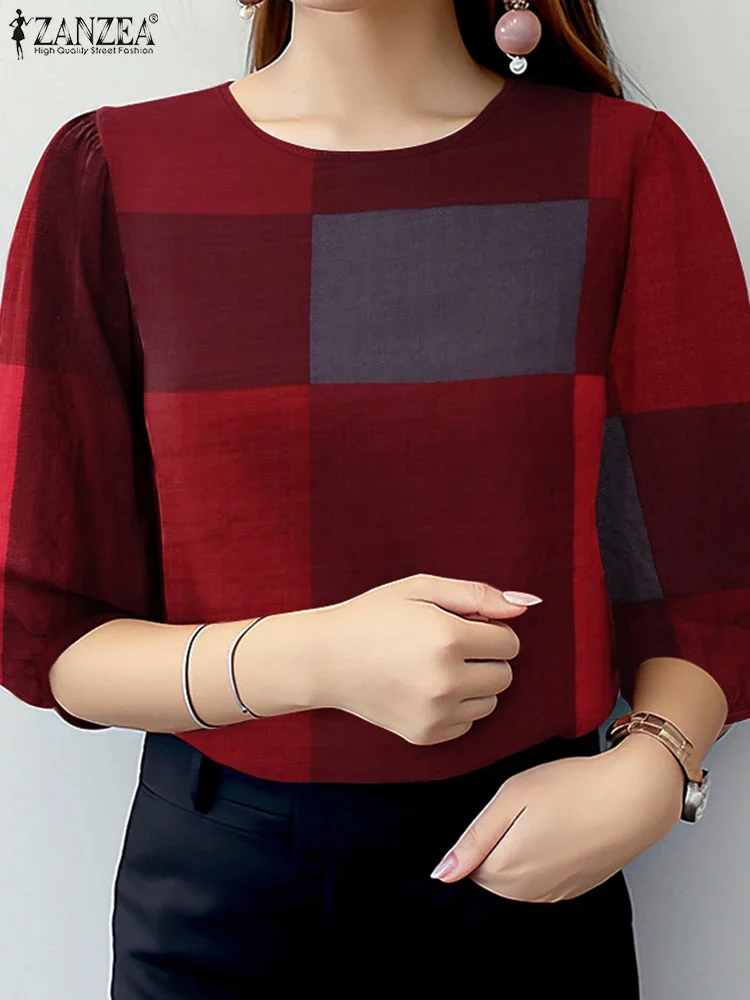 ZANZEA femme Vintage grandes chemisiers à carreaux élégant col rond 3/4 manches bouffantes coton mélange Blusas Mujer été jour porter trajet hauts