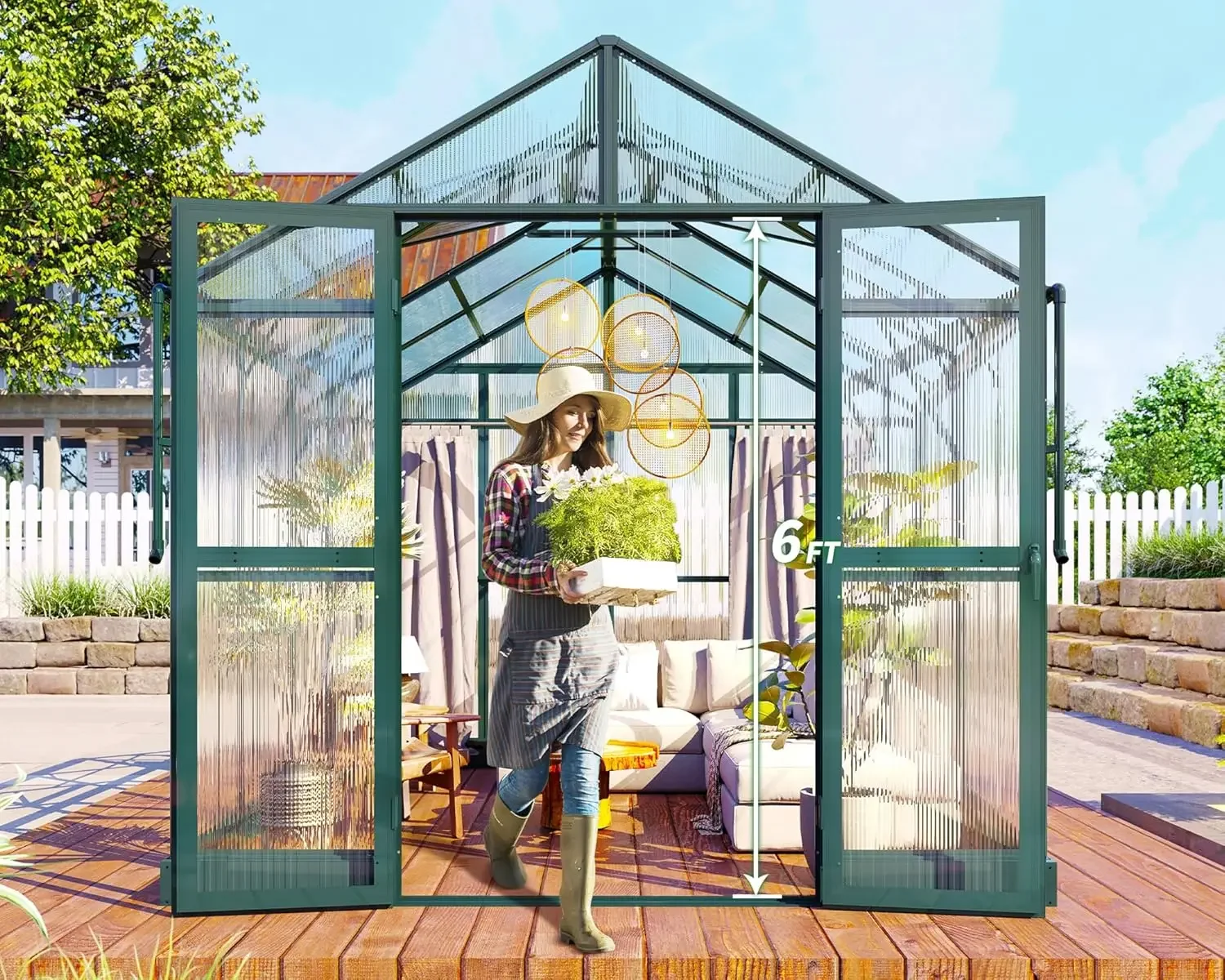 7.5x7.6x7.4 FT Outdoor Aluminum Polycarbonate Greenhouse with Ventilation and Rain Gutter, Double Swing Doors with Hook