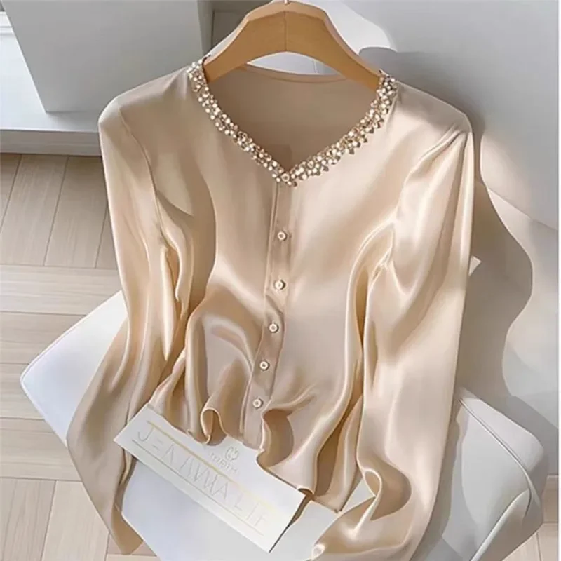 

Spring Autumn V-neck Sequined Shirt for Women Long Sleeve Champagne Female Top Light Luxury 513P Frence Acetate Blouse