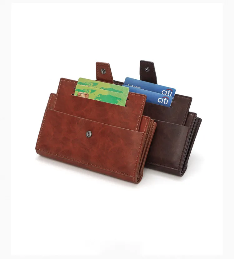 Vintage Crazy Horse Leather Men's Wallet - 3-Fold Buckle, Multi-Function, Multi-Card Holder, Large Capacity Business Long Wallet