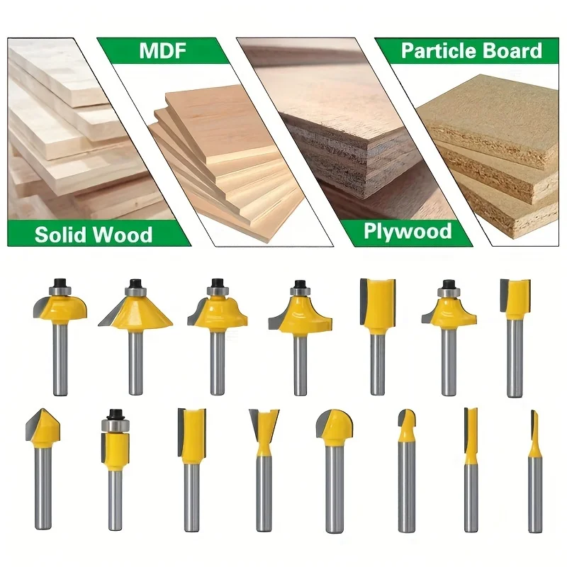 15 шт. 1/4 дюйма набор фрез для обрезки прямой фрезерный станок для резки карбида дерева деревообработка профессиональные инструменты для рукоделия