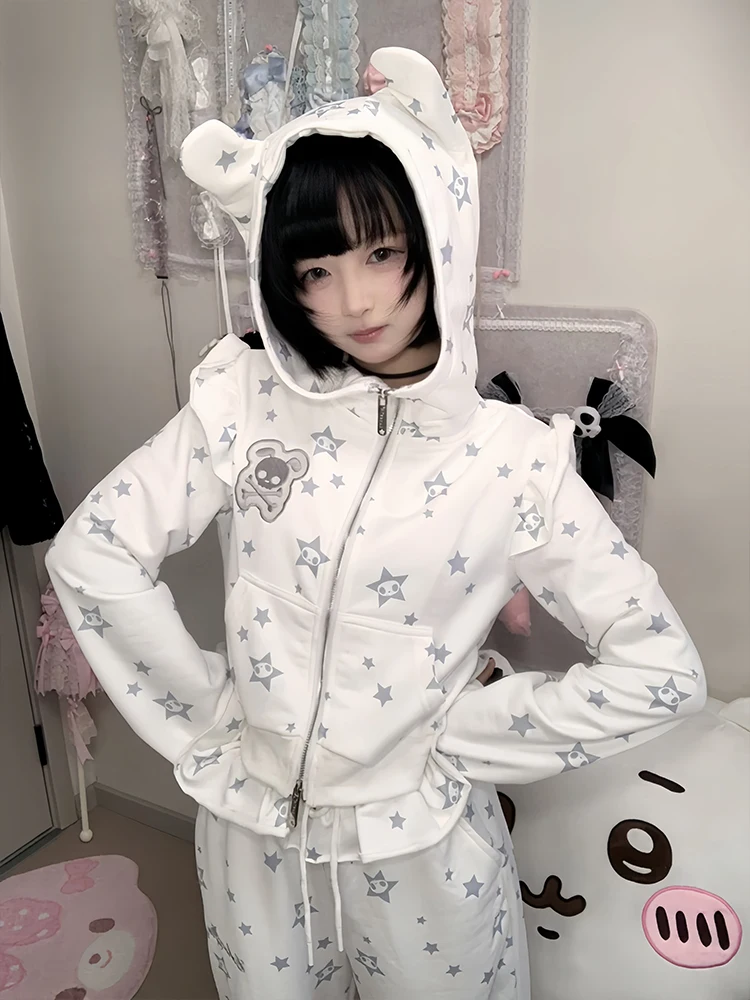 

Women's Slim Fit Hoodie Sweatirt Spring Ear Skull Zipper Jaet Flng Sve Fake Two-Piece Y2K Top Casual Streetwear