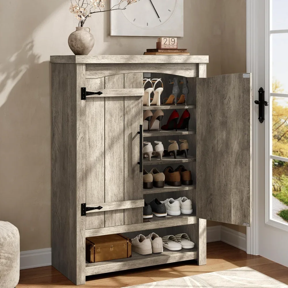 

Shoes Cabinet with Doors, Farmhouse Shoe Storage Cabinet with Adjustable Shelves, Shoes Shelf, Rustic Wooden Shoes Organizer