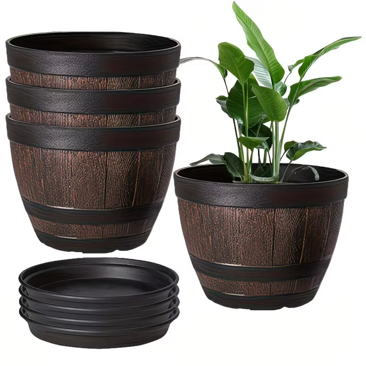 4pcs Retro Whiskey Barrel Planters Pots with Drainage Trays 2 Bases 2 Pots Round for Herbs Flowers Succulents Indoor Outdoor