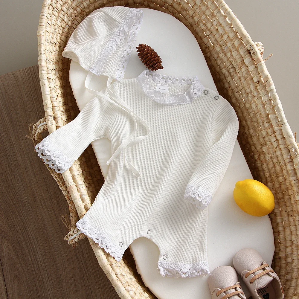 Cute One-piece For Baby Girls Waffle Lace Baby Girl Rompers With Hat Newborn Baby Girl Clothes