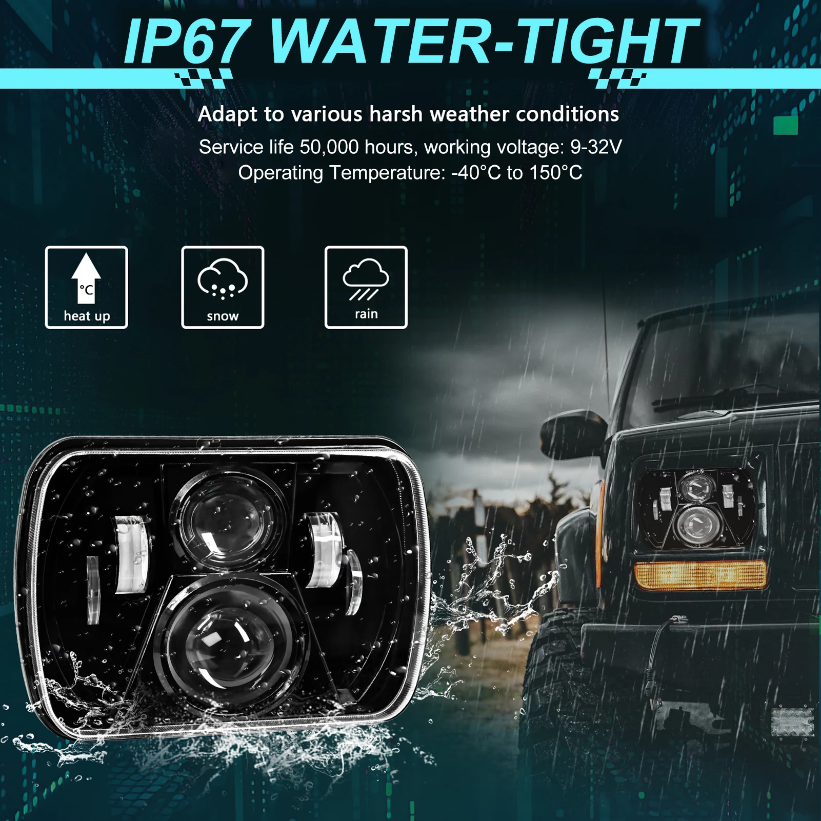 Faróis LED de 7x6 polegadas, faróis LED 5x7 para caminhões, farol LED retangular de feixe alto e baixo, cabeça retangular de LED branco brilhante IP67