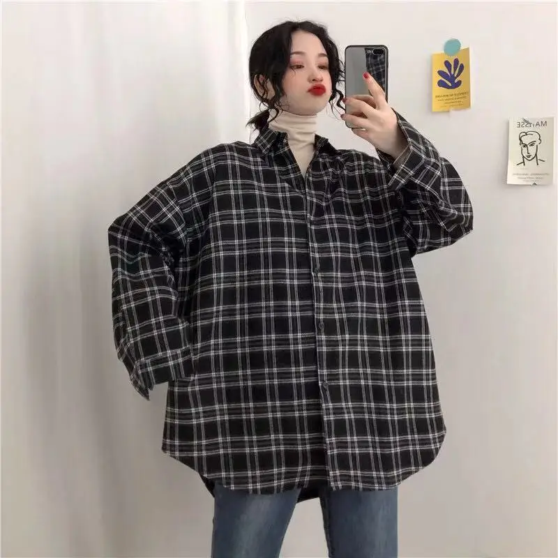 Shirts Women Long Sleeve Oversize Plaid Loose Shirt Students Vintage All-match Japanese Style Harajuku Blouses Casual Elegant