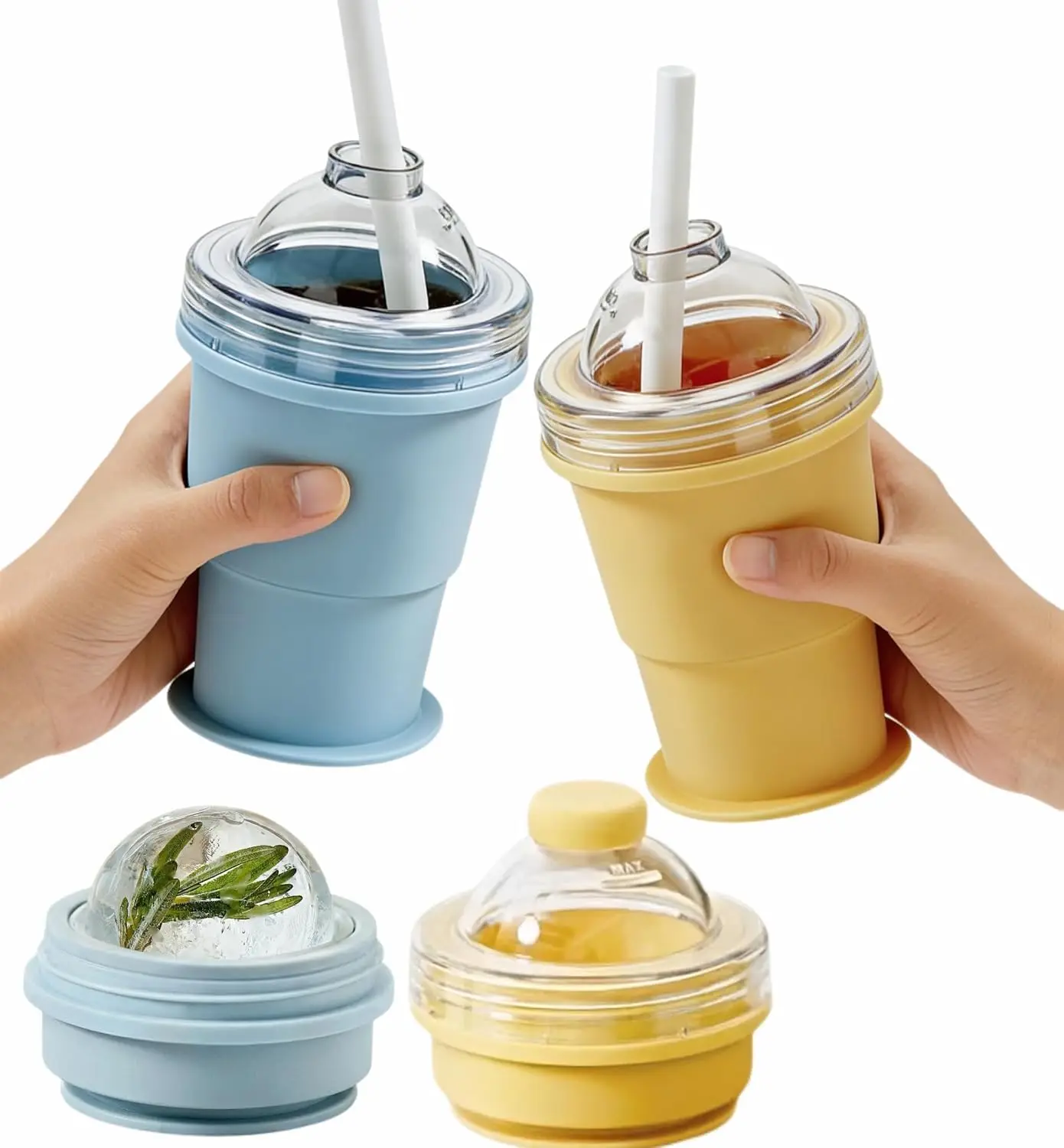 

Portable Foldable Ice Ball Cup with Built-in Straw Drink Cup Water Bottle Food-Grade Silicone Ice Maker Mold Summer Outdoor Cup