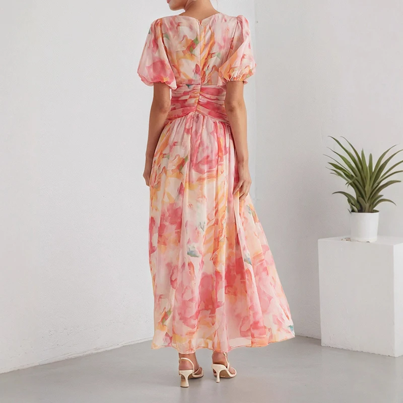 Vestido largo de gasa estilo vacaciones de cintura alta elegante vestido estampado de manga corta con cuello en V novedad de verano vestidos plisados con dobladillo grande para mujer