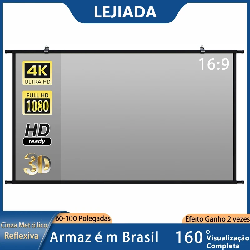 LEJIADA-Tela Projetor Montada na Parede, Tela de Projeção Refletiva Anti-Luz para Home Theater e Exterior, Cinza Metal, 60 polegadas, 84 polegadas,