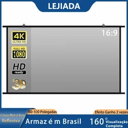 LEJIADA-Tela Projetor Montada na Parede, Tela de Projeção Refletiva Anti-Luz para Home Theater e Exterior, Cinza Metal, 60 polegadas, 84 polegadas, 100 polegadas