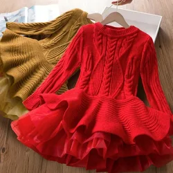 2025 New Girls' Woolen Warm Dress Children Autumn Winter Round Neck Sweater Elegant Girl Knitted Long Sleeve Red Christmas Dress