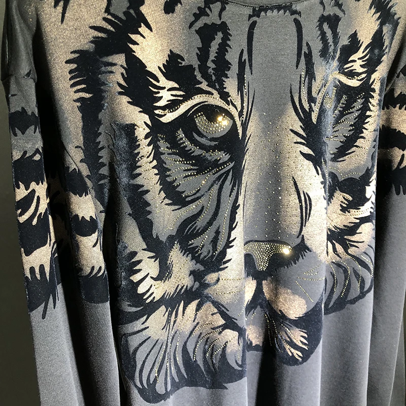 2023 Fall Round Neck T-shirt New Men Long Sleeve Personalized Print Hot Diamond T-shirt Men Versatile Tiger Head Sweatshirt