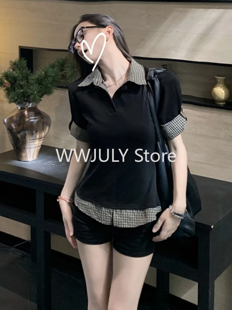 Summer American Style Vintage Black Tops Spicy Girls Plaid Design Fashion Tops Woman Streetwear Casual Korean Y2k Tees Chic