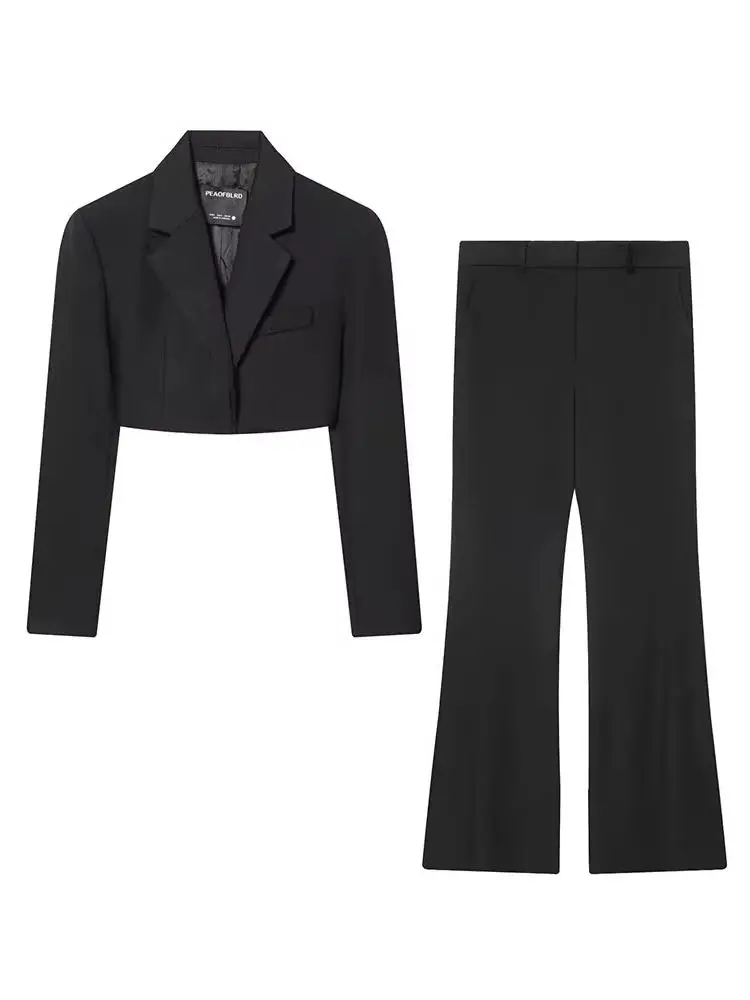 

HH Women's 2025 Fashion Retro Straight Short Waisted Blazer Jacket+Commuting Low-Waisted Flared Floor-Length Suit Trousers Set