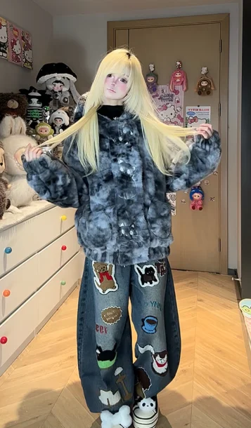 เสื้อแจ็คเก็ตมีฮู้ดปักลายแมวน้อยน่ารัก สีเหลืองอ่อน สำหรับผู้หญิง ผ้าฟลัฟฟี่ไล่เฉดสีเทา สไตล์ลำลองหลวมๆ สำหรับฤดูใบไม้ร่วง