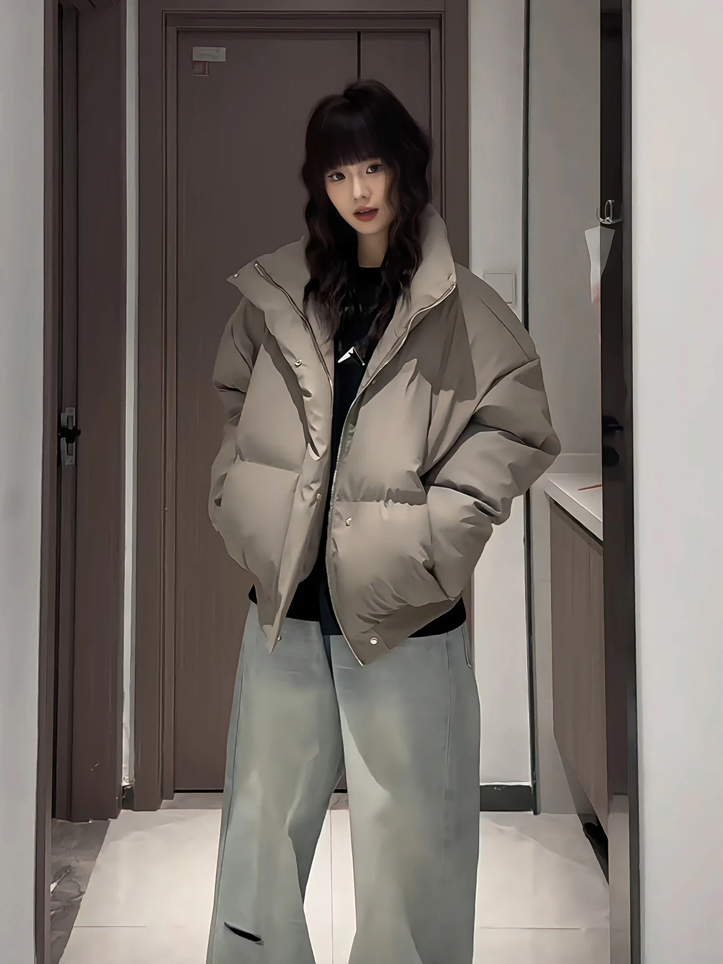 

Retro American PU Leather down Cotton Jaet ort Thiened Stand Collar Men Women Winter Warm Outerwear Bread Sle Coat