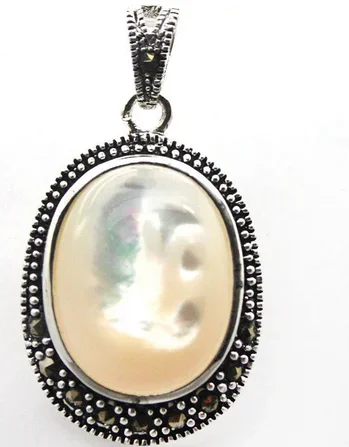 

Pretty White Shell & Marcasite 925 Sterling Silver Jewelry Pendant-30X20mm
