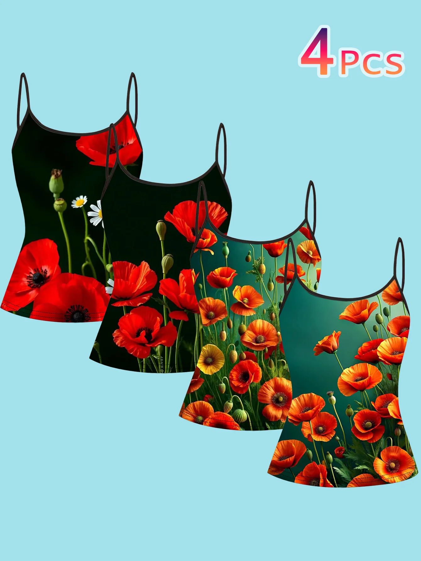 4-Piece Set of Women's Spaghetti Strap Camisoles with Black Base and Red Wildflower Art Realistic Floral Print, Slim Fit Sleeveless Tops