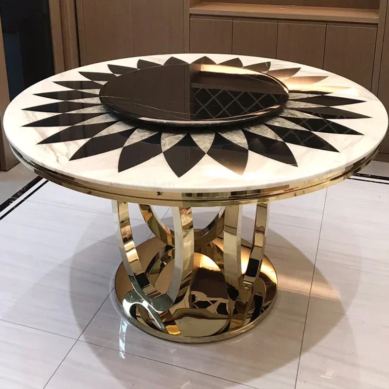 

Luxury Light Rock Plate Dining Table Stainless Steel Titanium Round Marble Table Turntable Hotel Club High Dining Furniture