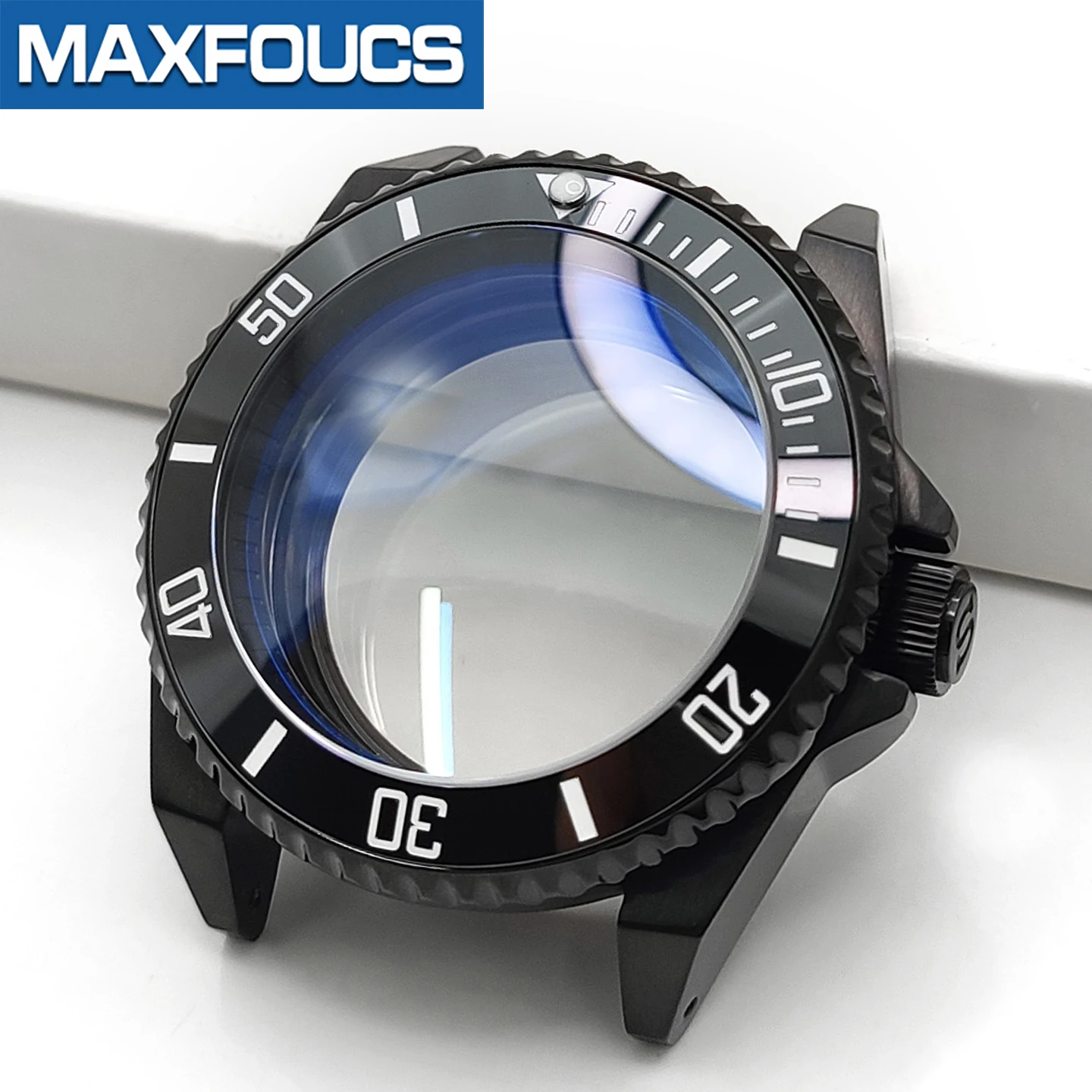 Samurai glänzendes schwarzes Edelstahl-Uhrengehäuse SKX MOD NH35 NH34 mit 3'O-Uhrkrone, Saphirglas, individuelles Zubehör – Detail 8