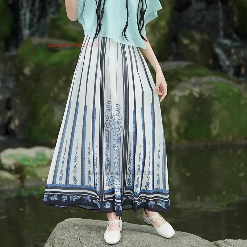 2025 traditional chinese vintage folk skirt national flower print chiffon skirt oriental elastic waist a-line horse-face skirt